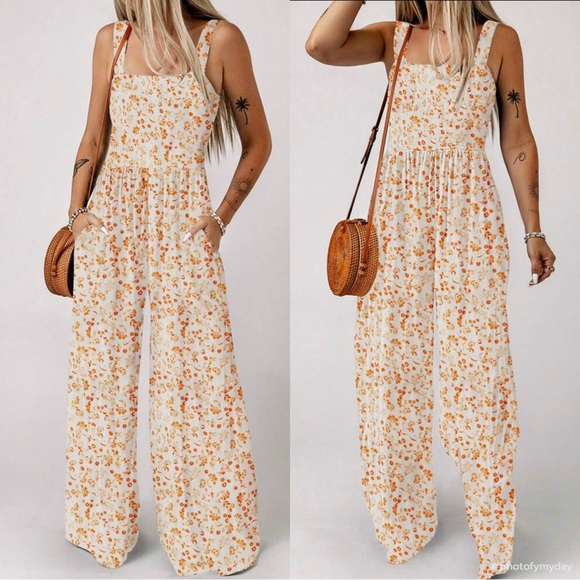 Boho Floral Print Wide Leg Palazzo Pants Jumpsuit - Picture 3 of 5